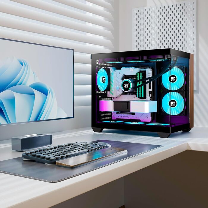 Ігровий корпус для ПК FOIFKIN M3, ATX Mid-Tower, чорний, з дерев'яною передньою панеллю з горіха, 3 встановлені ARGB PWM вентилятори, панорамне скло 270°, USB Type-C