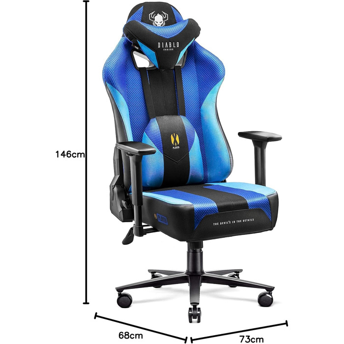 Ігрове крісло Diablo X-Player Frost Black L, тканинне, ергономічне, 3D підлокітники, для офісу і комп'ютера, з подушками для шиї та попереку
