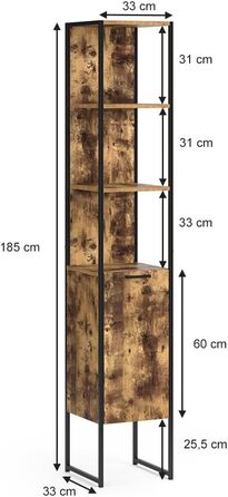 Високий шафа для ванної Vicco Fyrk, рустикальний дуб/чорний, 33x185 см, антикварне дерево