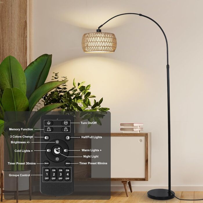 Торшер Rayofly з ротангу для вітальні, чорний, з LED-лампою, дистанційним керуванням та подвійним абажуром, Boho стиль, E27, керування через додаток