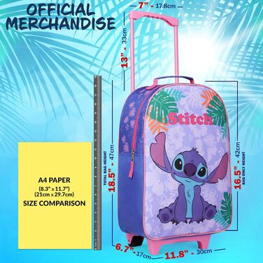 Дитяча валіза-тролей Disney Stitch для дівчаток та хлопчиків, ручний багаж з колесами для подорожей та відпустки, офіційний мерч Stitch, 47x30x17 см, синя