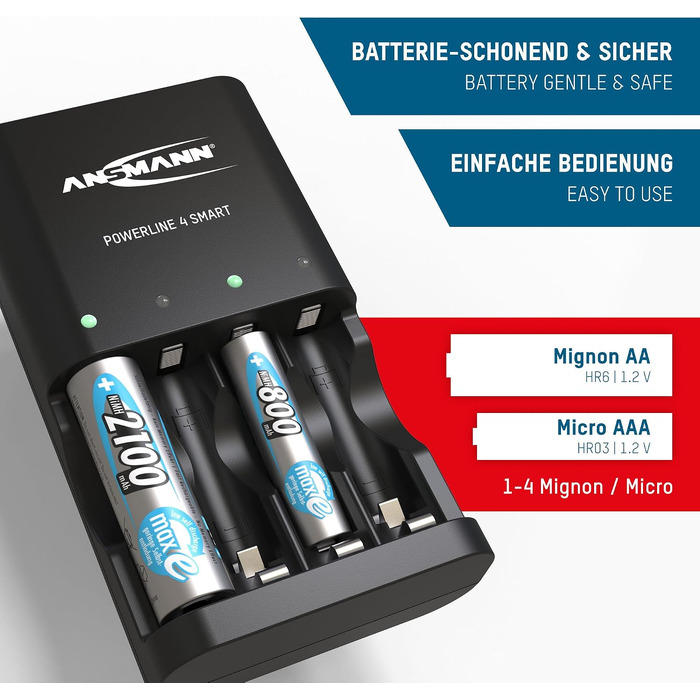 Зарядний пристрій ANSMANN Powerline 4 Smart з 4-ма акумуляторами AA 2100mAh, автоматичний зарядний пристрій з режимом відновлення (Repair-Modus)