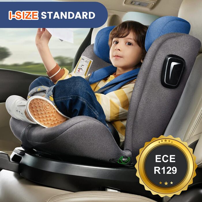 Дитяче автокрісло Jovikids 360° з ISOFIX, i-Size 40-150 см (від народження до 12 років), реверсивне, з відкидною спинкою та знімним капюшоном, синє, ECE R129