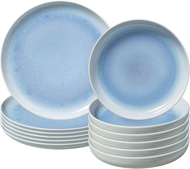 Сервіз столовий Villeroy & Boch Crafted Blueberry, 12 предметів, тарілки для основних страв 25,9 см та супу 21,9 см, реактивна глазур, преміум порцеляна, бірюзовий