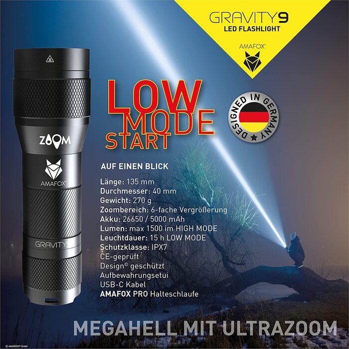 Ліхтарик AMAFOX G9 XENON Megabeam, надпотужний LED, тактичний, акумуляторний, з USB-C, чорний, для туризму та безпеки