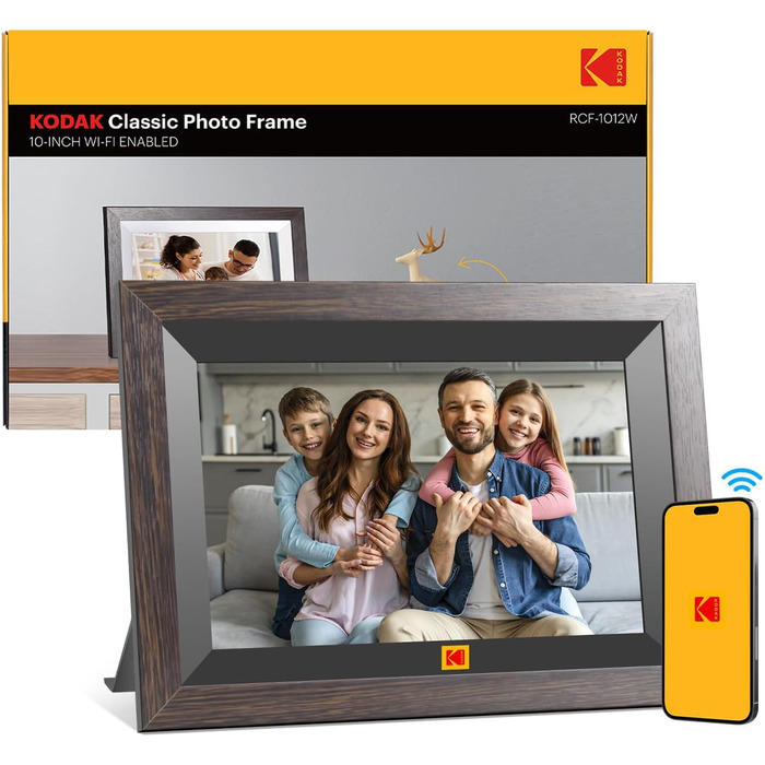 Цифровий фоторамка Kodak 10,1 дюйма WiFi, IPS Touchscreen, 32GB, Автоматичне поворотання, для кріплення на стіну, ділитися фото з будь-якого місця, коричневий (чорний каркас)