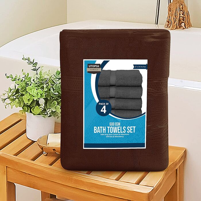 Рушники для ванни Utopia Towels, коричневі – набір 4 шт., преміум 600 г/м², 100% кільцепрядна бавовна, швидковисихаючі, дуже вбираючі, м'які, ідеальні для щоденного використання, 27x54 дюйми