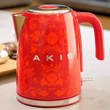 Електрочайник AKIS La Fête Design 1,7 л, 2400 Вт, нержавіюча сталь, з фільтром від накипу, ретро стиль, червоний з квітковим візерунком бароко