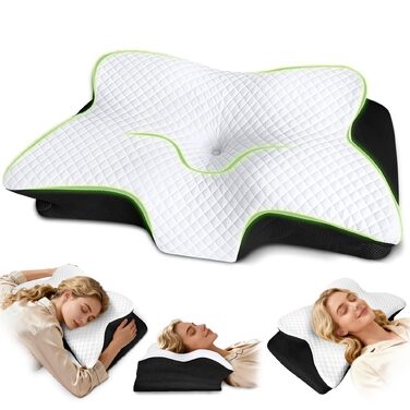 Ортопедична подушка для шиї з Memory Foam, ергономічна для сну на боці, спині та животі, 61.7x37x13/13.6 см, чорна