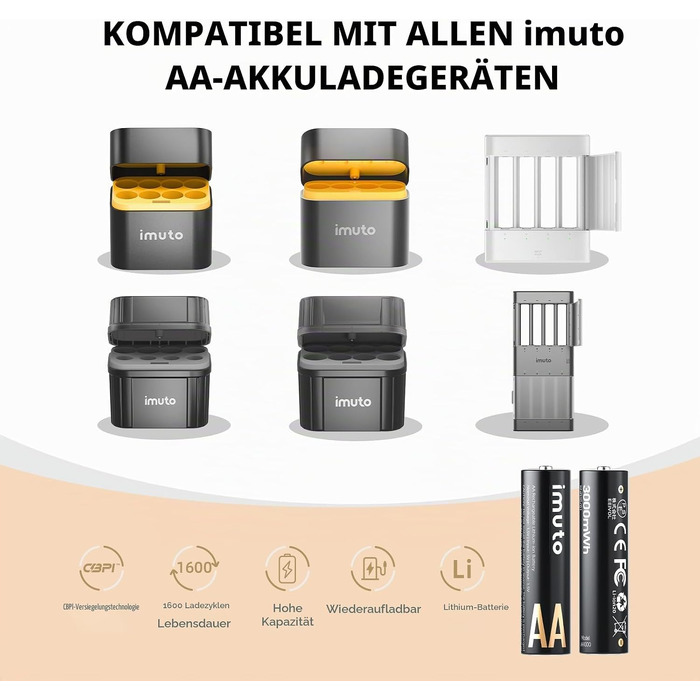 Набір літієвих акумуляторів imuto AA 1.5V 3000mWh (8 шт.) з зарядним пристроєм, 2500 циклів перезарядки