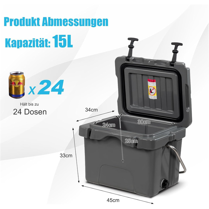 Портативний термобокс COSTWAY 15 л з ручкою, зливним клапаном та підсклянниками, ізотермічна сумка для їжі й напоїв, 45x34x33 см, сірий