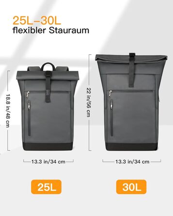 Inateck RollTop рюкзак 25-30 л для чоловіків і жінок, міський велосипедний рюкзак для ноутбука 17'', шкільний, для університету, подорожей, роботи та спорту, сірий
