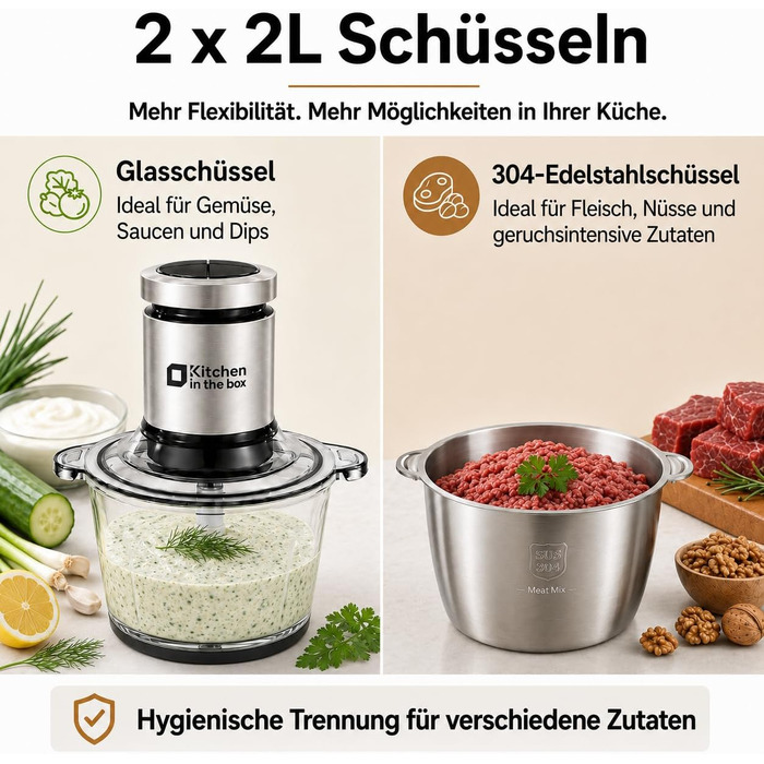 Електричний багатофункціональний подрібнювач Kitchen in the box 400W: 2 чаші по 2л (скло та нержавіюча сталь), 4 ножі, 2 режими швидкості для м'яса, овочів, горіхів та соусів, сріблястий