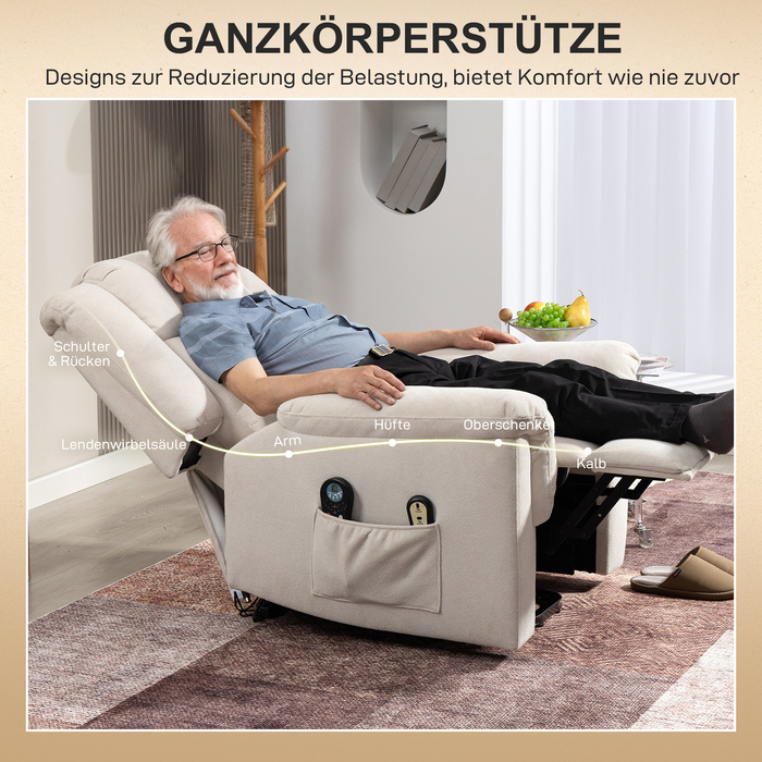HOMCOM Recliner TV Recliner Електричне регульоване масажне крісло з функцією відкидання допоміжного обігрівача сидячи та стійки, широка спинка телевізора Крісло з підніжкою, 2 бічні кишені для вітальні бежевий