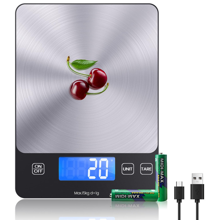 Кухонні ваги електронні з USB-C, 15 кг/1г, висока точність, професійні ваги для продуктів, з батарейками