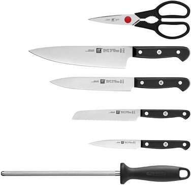Набір ножів ZWILLING Gourmet, 7 предметів: ножі, мусат, кухонні ножиці, блок, нержавіюча сталь, ергономічна пластикова ручка, чорний, вироблено в Німеччині