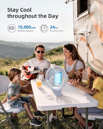Вентилятор кліпса Koonie 10000 mAh USB, 20 см: портативний, з акумулятором, 4 швидкості, 360° поворот, тихий для дому, офісу, дитячого візочка, кемпінгу, гроубоксу (білий)