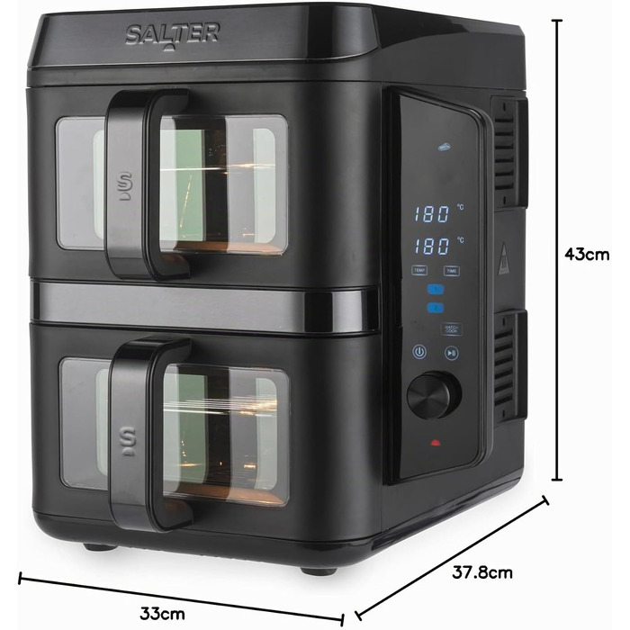 Аерофритюрниця Salter VertiCook View 9L: двокамерна з вертикальним дизайном, 12 програм Sync & Match, 4 рівні приготування, без PFAS, чорна