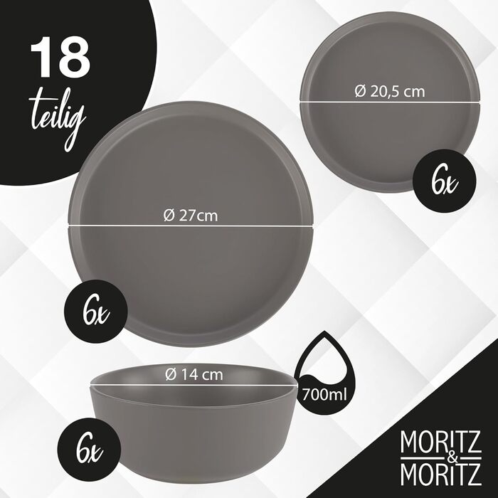 Набір посуду Moritz & Moritz Nordic на 6 персон, 18 предметів, сірий – елегантний комплект тарілок із високоякісного кам'яного посуду: 6 обідніх, 6 десертних, 6 супових тарілок