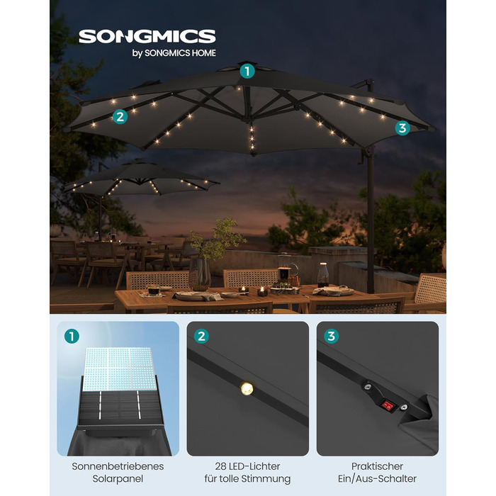 Парасоля SONGMICS для саду, 300 см, ампельна, 28 сонячних LED, UPF 50+, регулювання кута, 360° обертання, сірий