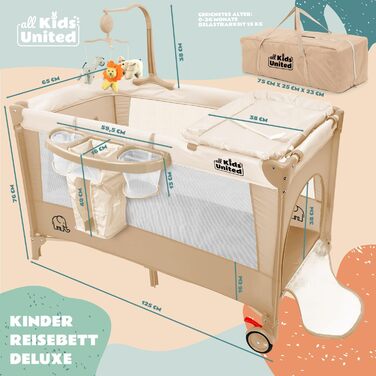 Дитяче ліжко-манежа All Kids United® для подорожей з матрацом, пеленальним столиком, музичним проигрывателем та мобілем (Бежевий)