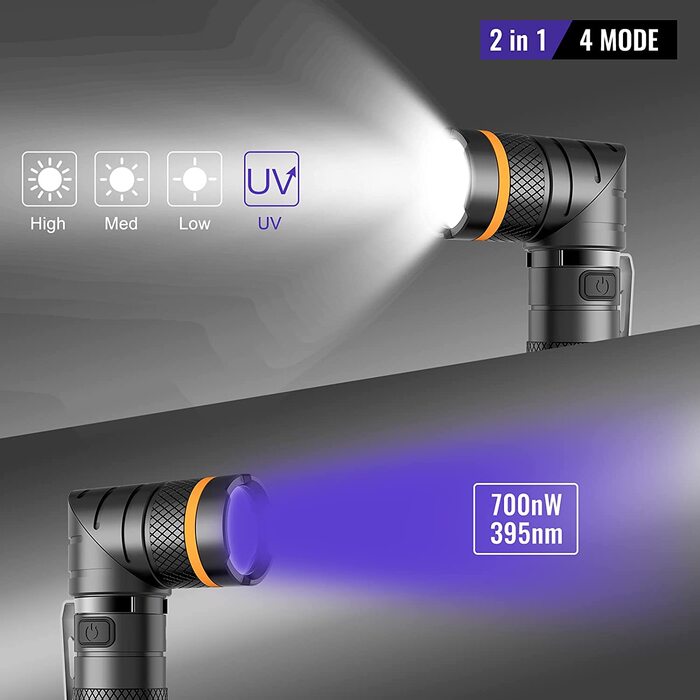 Ліхтарик NICRON B75 LED з УФ-світлом, акумуляторний, 1000 люмен, 395 нм, 2 в 1, поворотна голова 90°, водонепроникний, з магнітом, для вулиці, пошуку плям, детектор сечі та олії