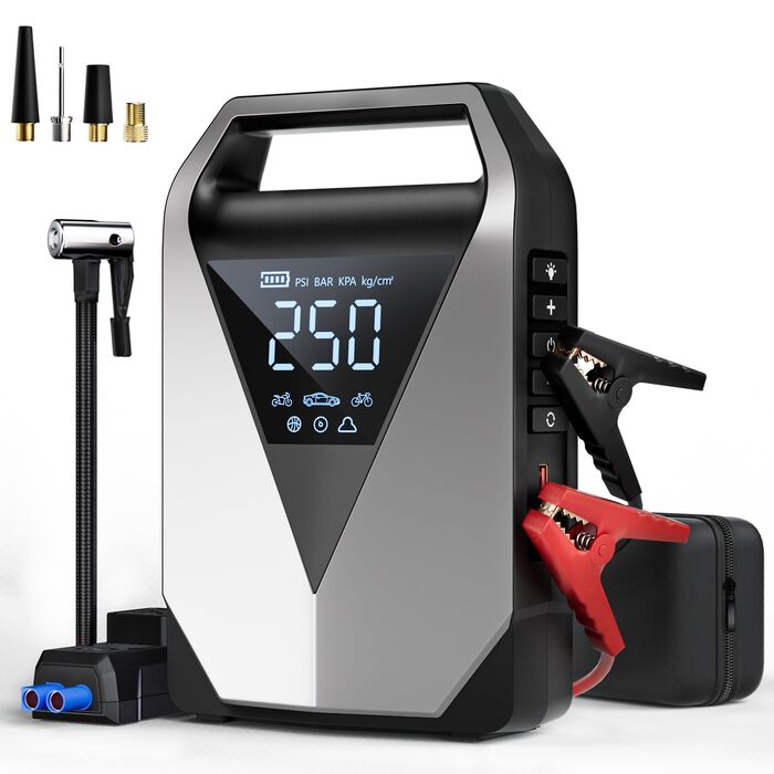 Пусковий пристрій Powerbank з компресором 6в1, бустер для авто 3000А 150PSI для 12В акумуляторів, автозапуск з LCD-екраном, QC3.0 та LED-ліхтарем (для всіх бензинових та дизельних двигунів до 8л)