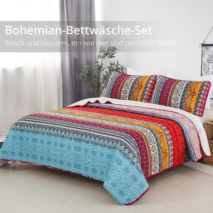 Постільна покривало WONGS BEDDING Boho 3-предметний комплект (220x240 см) з 2 наволочками 50x70 см, стібана ковдра з мікрофібри для спальні та дивана, Беміс