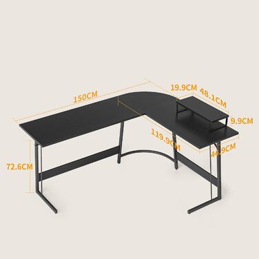 Ігровий стіл CubiCubi L-подібний 150x120 см, кутовий комп'ютерний стіл з підставкою для монітора, для геймерів, простий монтаж, чорний