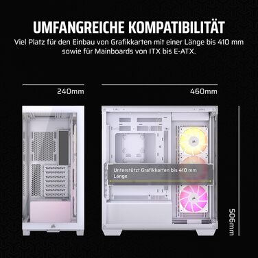 Корпус для ПК CORSAIR iCUE LINK 3500X RGB, середній ATX, білий, загартоване панорамне скло, сумісний з реверсивним підключенням материнської плати, 3 вентилятори RX120 RGB у комплекті
