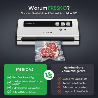 Вакууматор FRESKO Automax V2, автоматичний вакууматор для продуктів 140 Вт, подвійний гарячий шов, режими «сухий/вологий», чорний