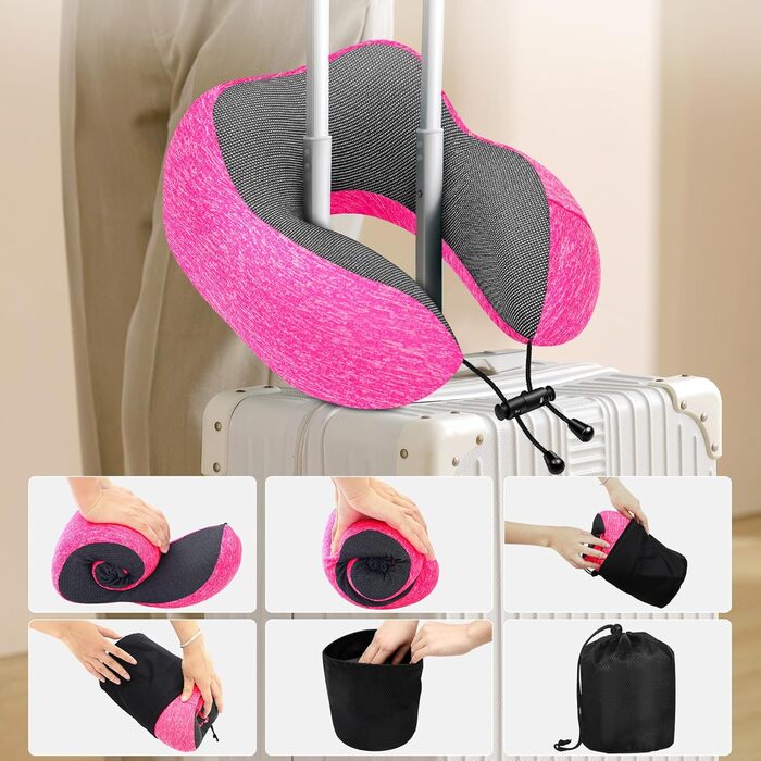 Подушка для подорожей під шию з ефектом пам'яті (Memory Foam) з 3D-маскою для сну та берушами, рожева — ідеальна для літака, авто та офісу