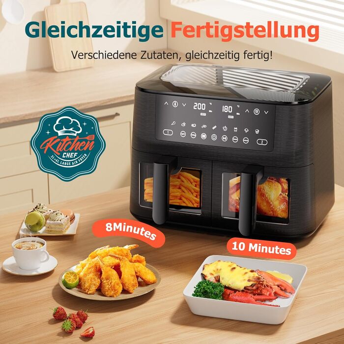 Аерофритюрниця з двома камерами та вікном перегляду 9л, Airfryer 9-в-1 з сенсорним керуванням, антипригарне покриття, для здорового приготування без олії
