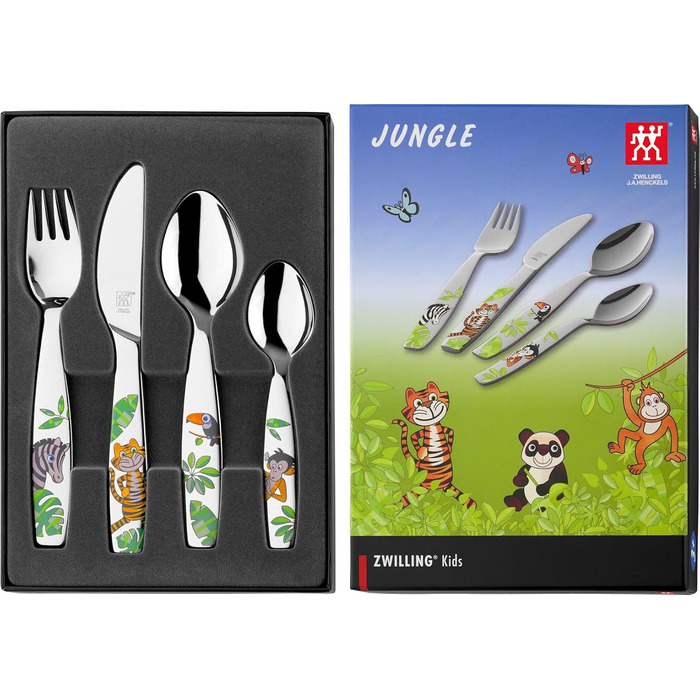 Набір дитячого посуду ZWILLING Jungle Kinderbesteck, 4 шт., з кольоровими джунглівськими мотивами, для дітей від 3 років, нержавіюча сталь 18/10