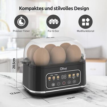 Електричний відварювач яєць Olvy з LCD-таймером на 6 яєць, чорний — пароварка для сніданків, що миється в посудомийній машині