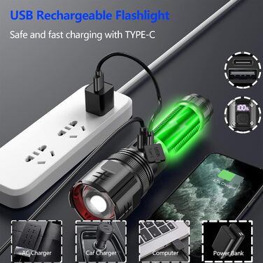 Ліхтарик daphomeu LED, акумуляторний, 500000 люмен, надяскравий, тактичний, зум, водонепроникний, 5 режимів, для кемпінгу, туризму, екстрених ситуацій (1 шт.)