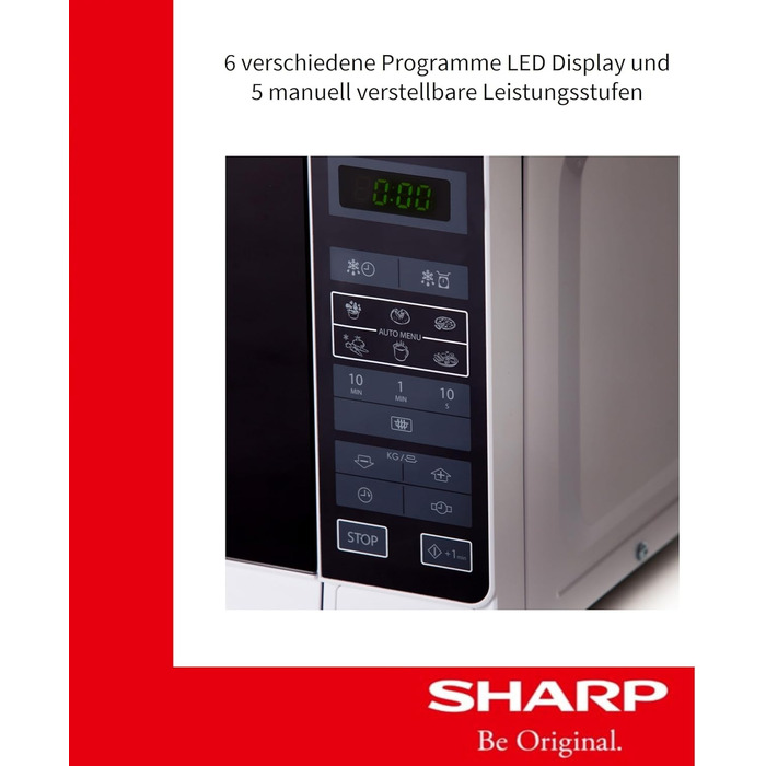 Мікрохвильова піч Sharp R242INW, 20 л, 800 Вт, 5 режимів, 8 авто програм, розморожування за вагою і часом, дитячий захист, енергозбереження, скляний піддон 25,5 см, срібляста