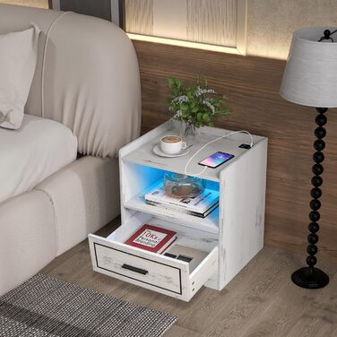 Тумба приліжкова GIANTEX з LED підсвіткою, 3 кольори, 2 шт, сенсор руху, USB та Type-C зарядка, біла