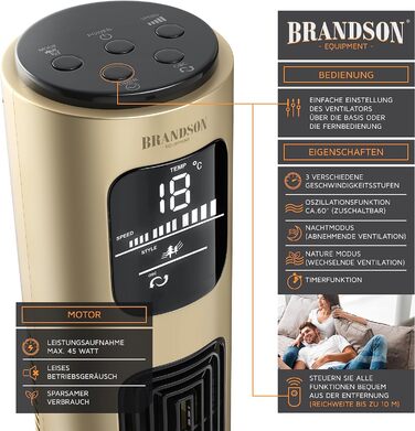 Вентилятор Tower Brandson з пультом дистанційного керування, 96 см, 3 швидкості, коливання 60°, мобільний, колір шампань