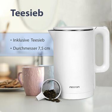Електрочайник Noaton K2W Essential 1,7 л, подвійні стінки, нержавіюча сталь, 1500 Вт, тихий, 360° база, BPA free, білий