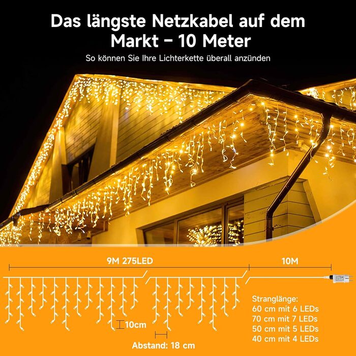 Світлодіодна гірлянда-бурульки WOWDSGN (515 LED, 17м) для вулиці та дому: водонепроникна IP44, 8 режимів роботи, з таймером, для даху та тераси
