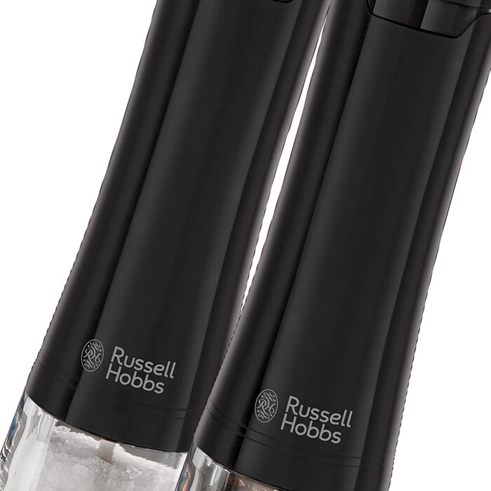 Електричний набір млинків Russell Hobbs для солі та перцю, 2 шт, керамічний механізм, регулювання помолу, LED-підсвічування, чорний, для спецій і трав, модель 28010-56