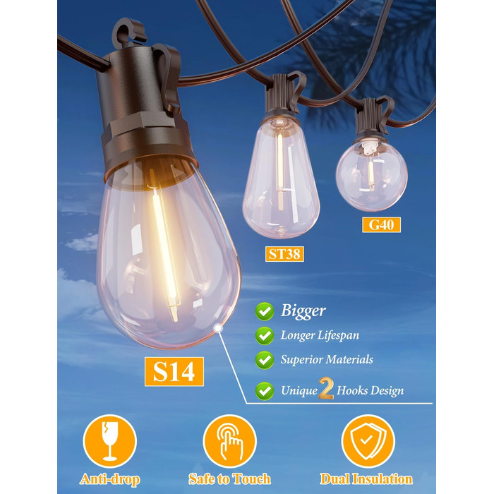 Гірлянда світлодіодна Brightever для вулиці 1.8м, 17 ламп Edison S14 (1 запасна), водонепроникна, для тераси, саду, двору