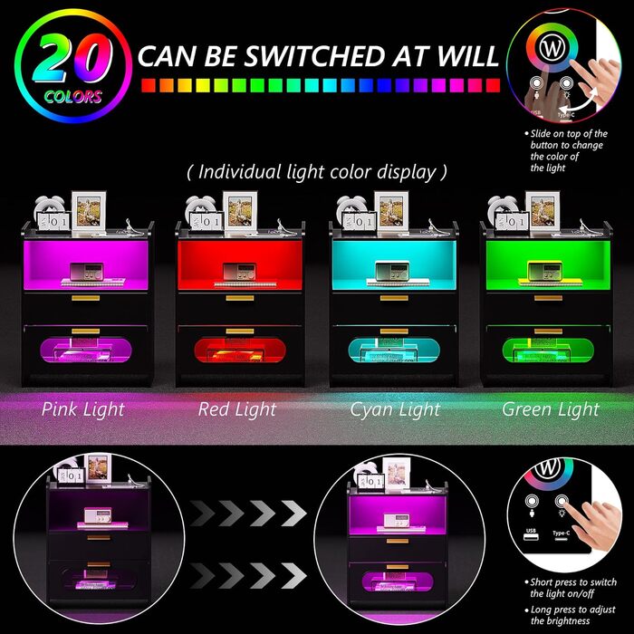 Розумна тумба Lvifur з LED-підсвіткою RGB, 2 шухляди, сенсор, бездротова та USB зарядка, чорний глянець