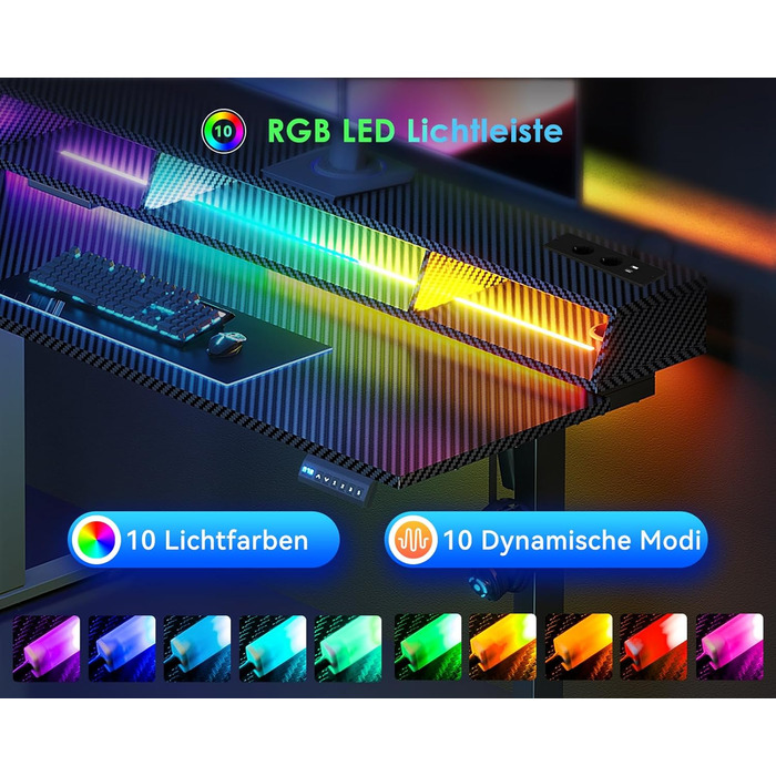 Офісний стіл для геймінгу OffiGo, 140 см, регульована висота, RGB LED, розетки, 3 полиці, тримач для напоїв та навушників, стільниця з карбону, білий (чорний)