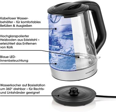 Електричний чайник зі скла GOURMETmaxx з LED підсвіткою, швидким закипанням, фільтром від накипу, об'ємом 1,7 л, потужністю 2200 Вт