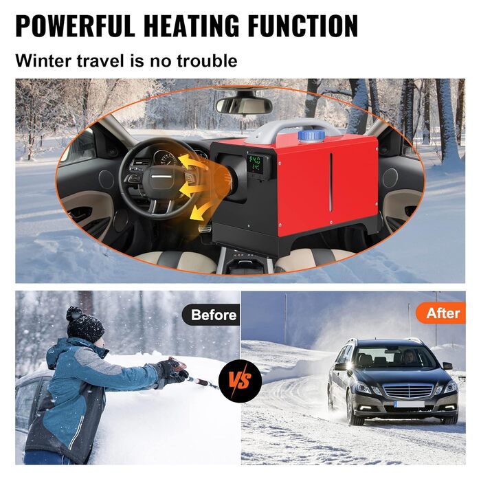 VEVOR 12V дизельний автономний опалювач, 8kW, повітряний опалювач для авто, RV, вантажівки, автобуса з пультом дистанційного керування (LCD, 1 вихідний отвір, червоний)