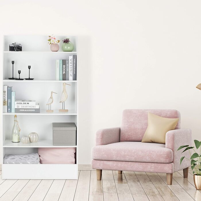 Дитяча книжкова полиця Relaxdays, 5 секцій, біла, 152x80x40 см, для коридору, вітальні та дитячої кімнати, підлогова