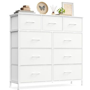 SONGMICS Комод з 9 висувних ящиків, шафа для зберігання, сталь, MDF, фліс, для спальні, прихожей, вітальні, білий (LGS323WH01)