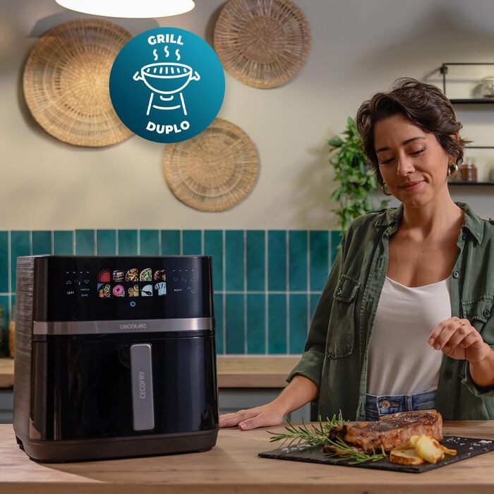 Аерофритюрниця Cecotec Cecofry & Grill Duoheat 4000 без олії, 8 л, 1900 Вт, з рухомою перегородкою та грилем, чорна